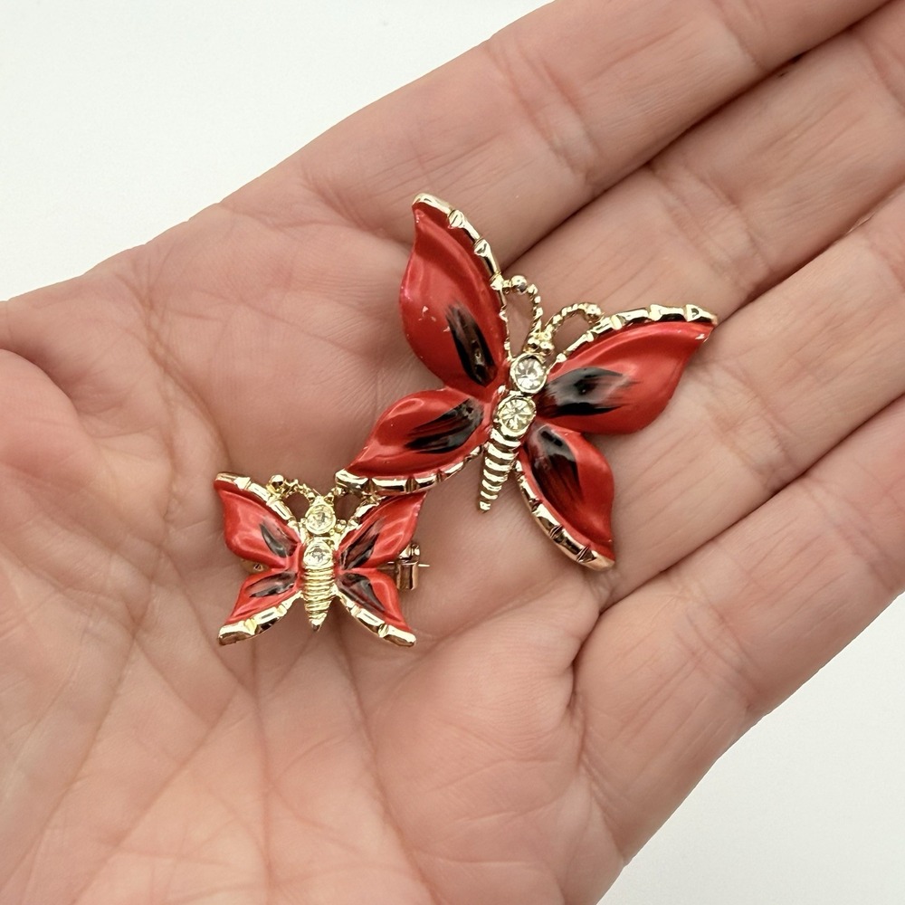 Vintage Red Enamel Butterfly Brooch Set Gold Tone Rhinestone Pair